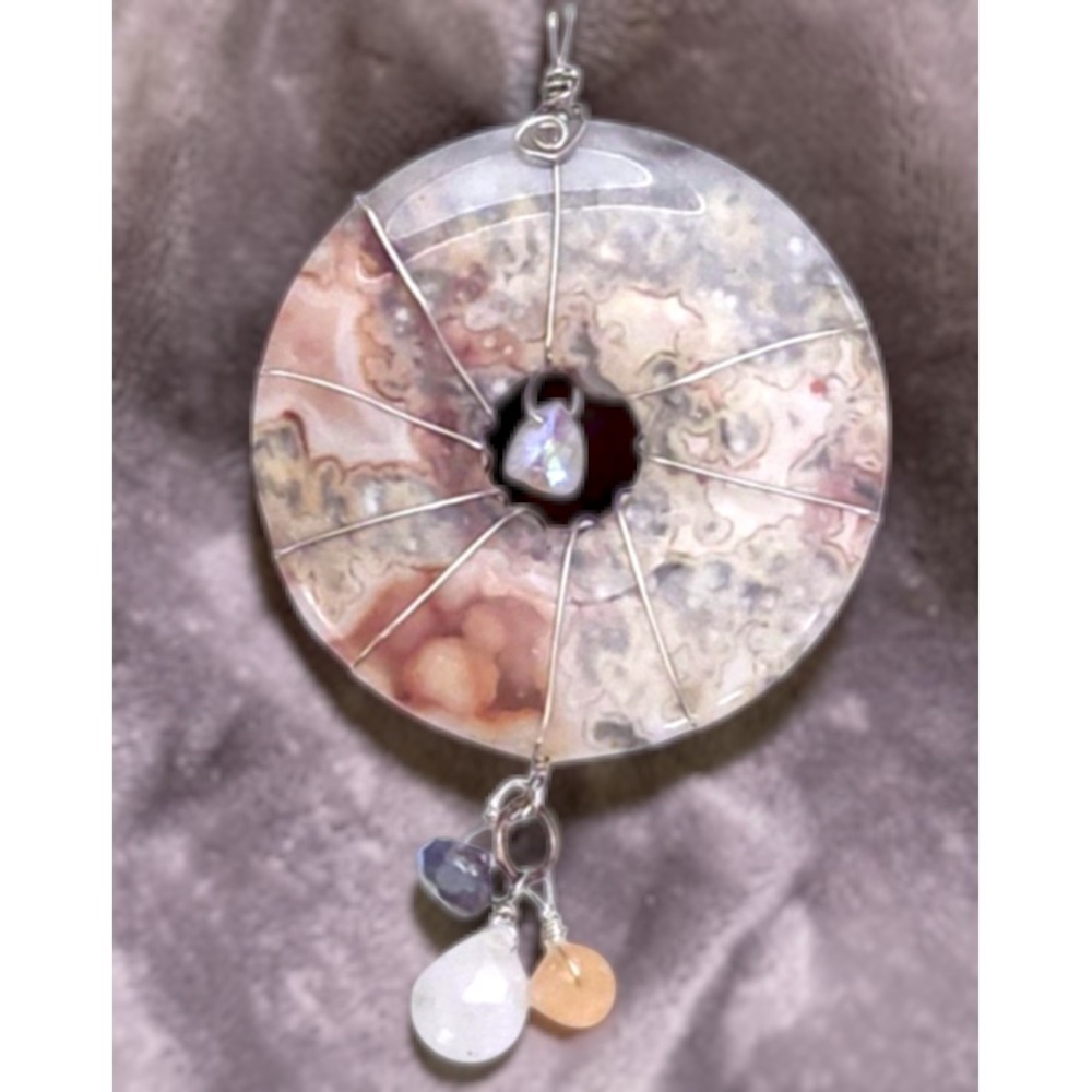 Handmade Wire Wrapped Agate Donut Pendant Natural Stone With Gem Dangles